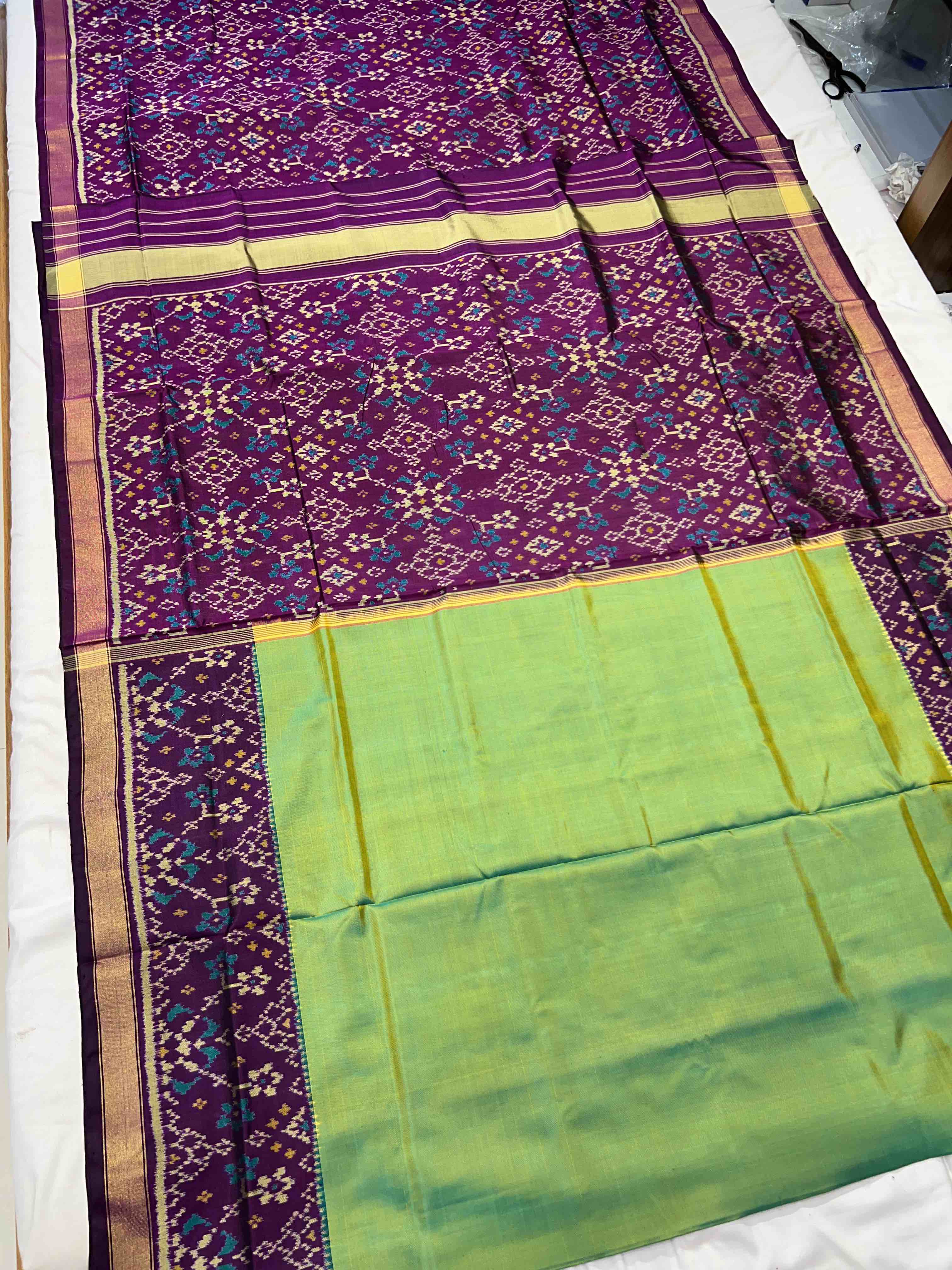 Handwoven Patola Silk Saree Plain Gala Border Green Body
