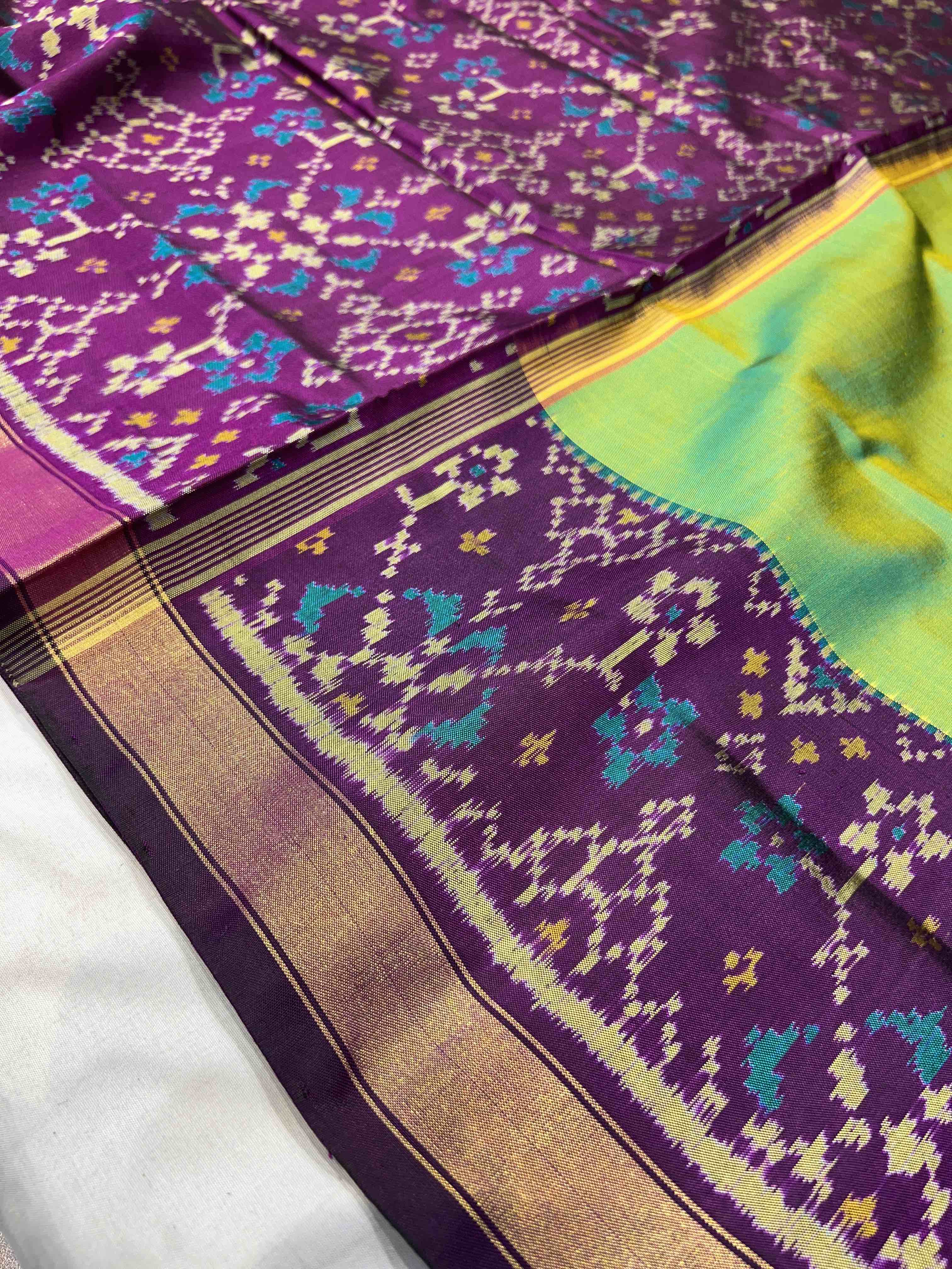 Handwoven Patola Silk Saree Plain Gala Border Green Body Secondary image