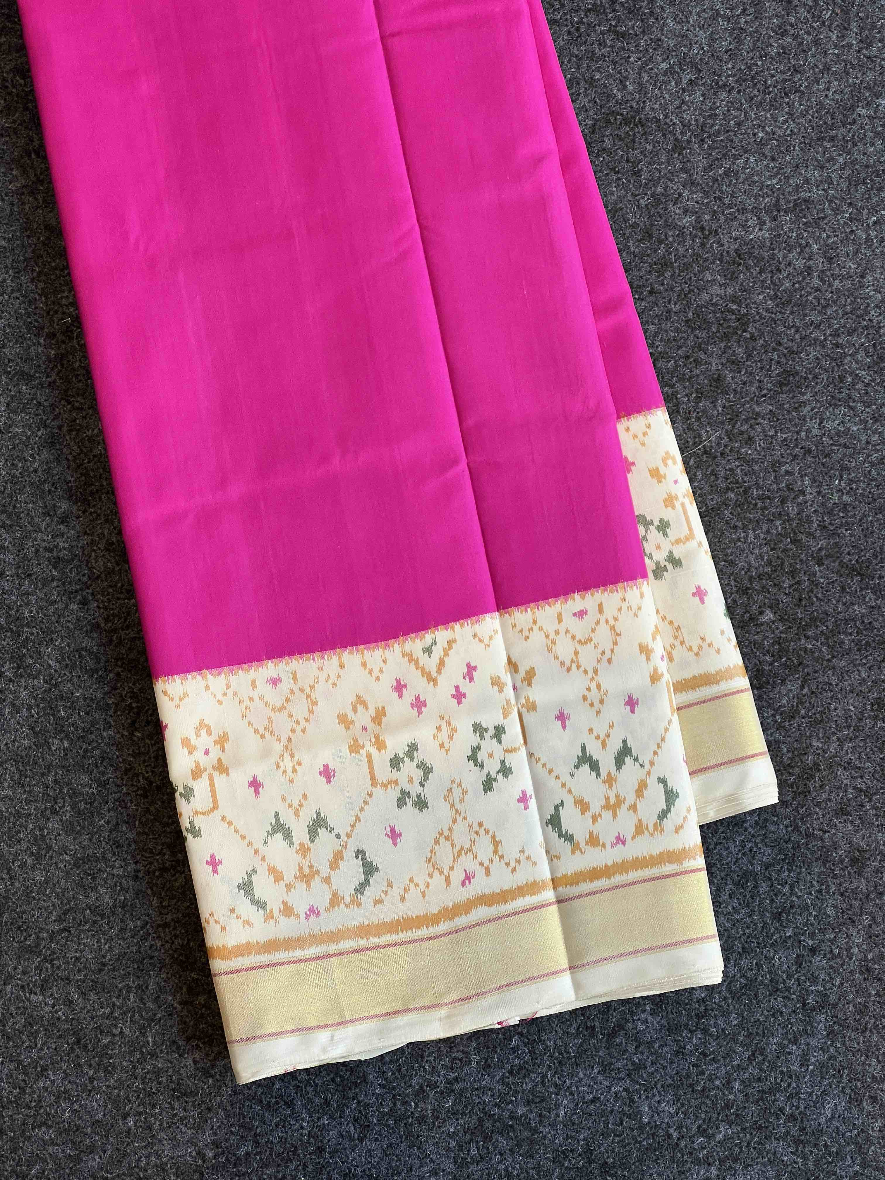 Handwoven Patola Silk Saree Plain Gala Border Pink Body