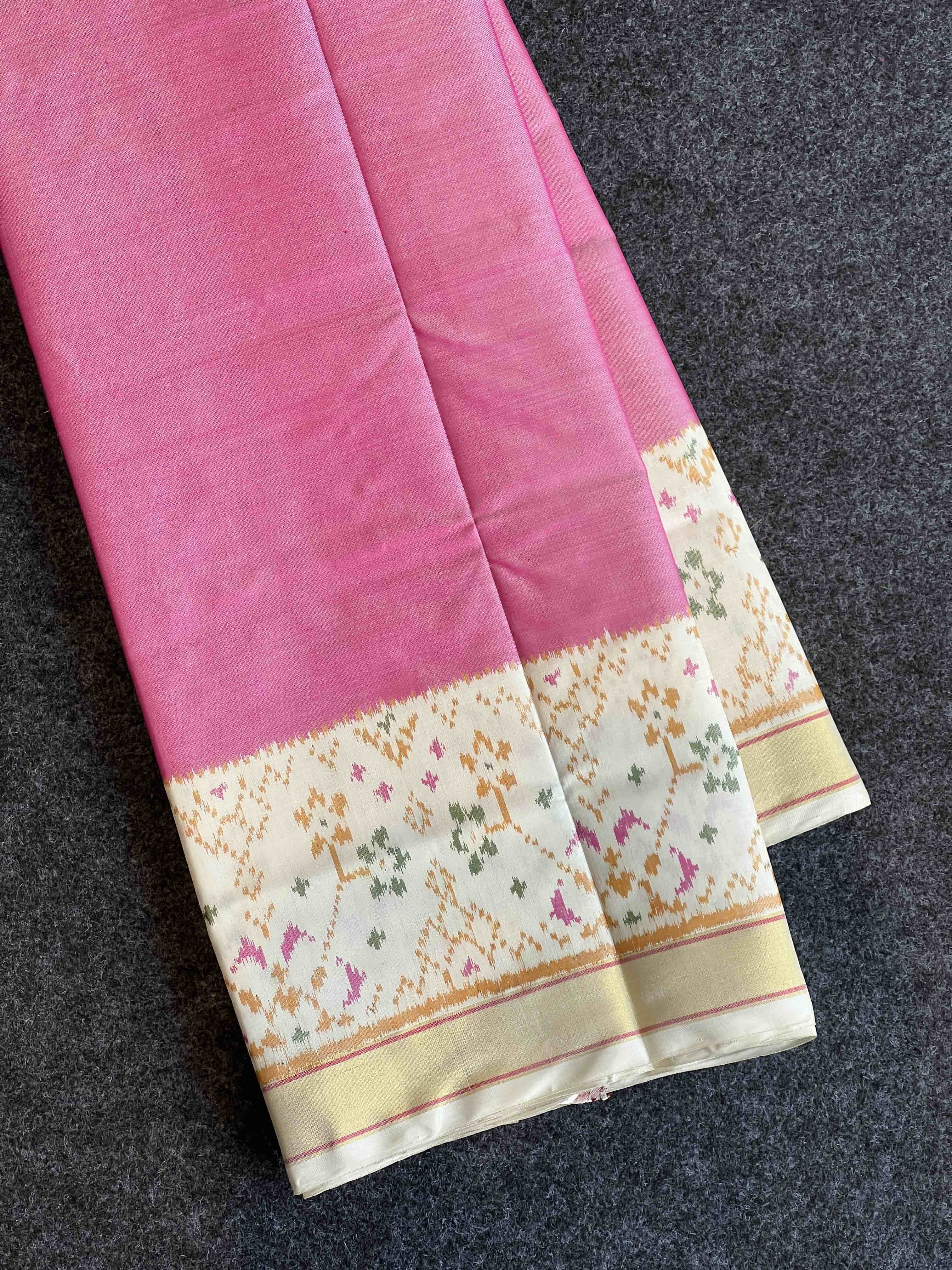 Handwoven Patola Silk Saree Plain Gala Border Baby Pink Color