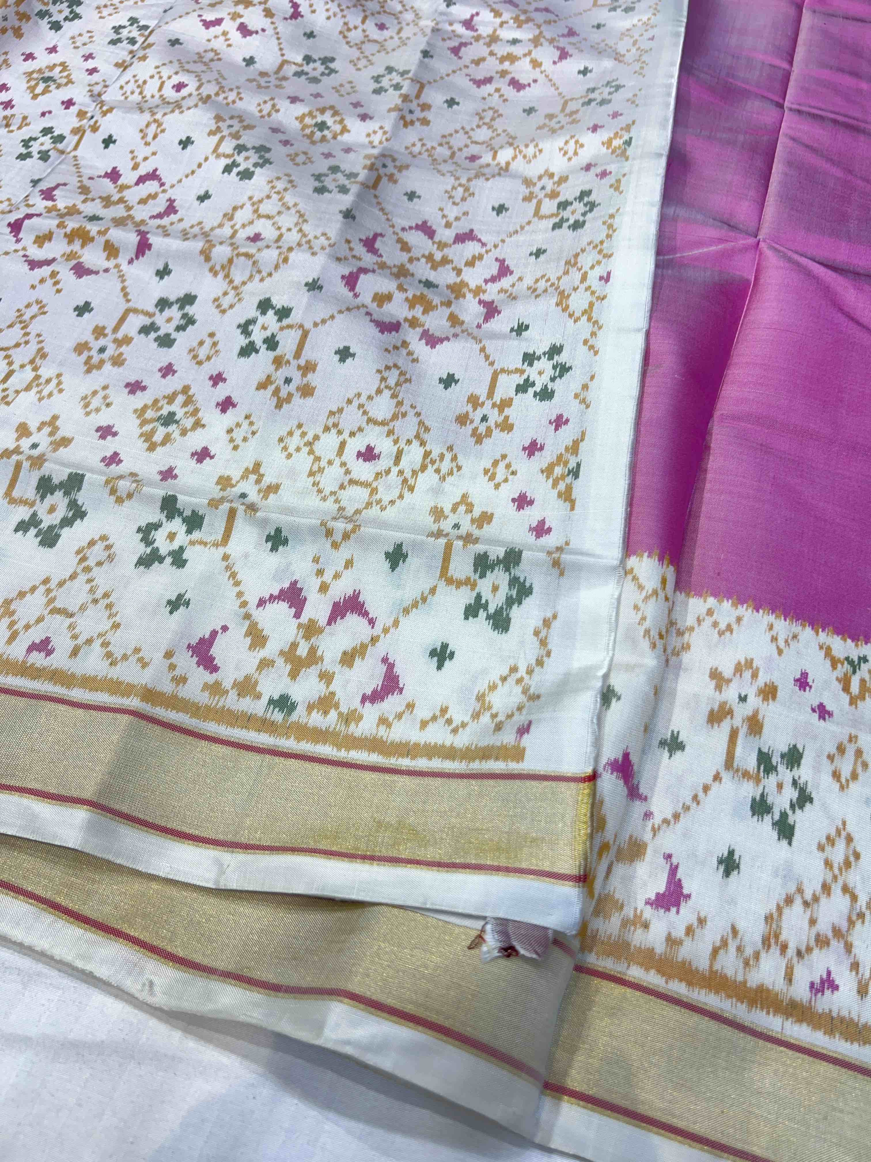Handwoven Patola Silk Saree Plain Gala Border Baby Pink Color