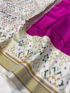 Handwoven Patola Silk Saree Plain Gala Border Pink Body