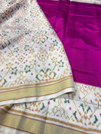 Handwoven Patola Silk Saree Plain Gala Border Pink Body