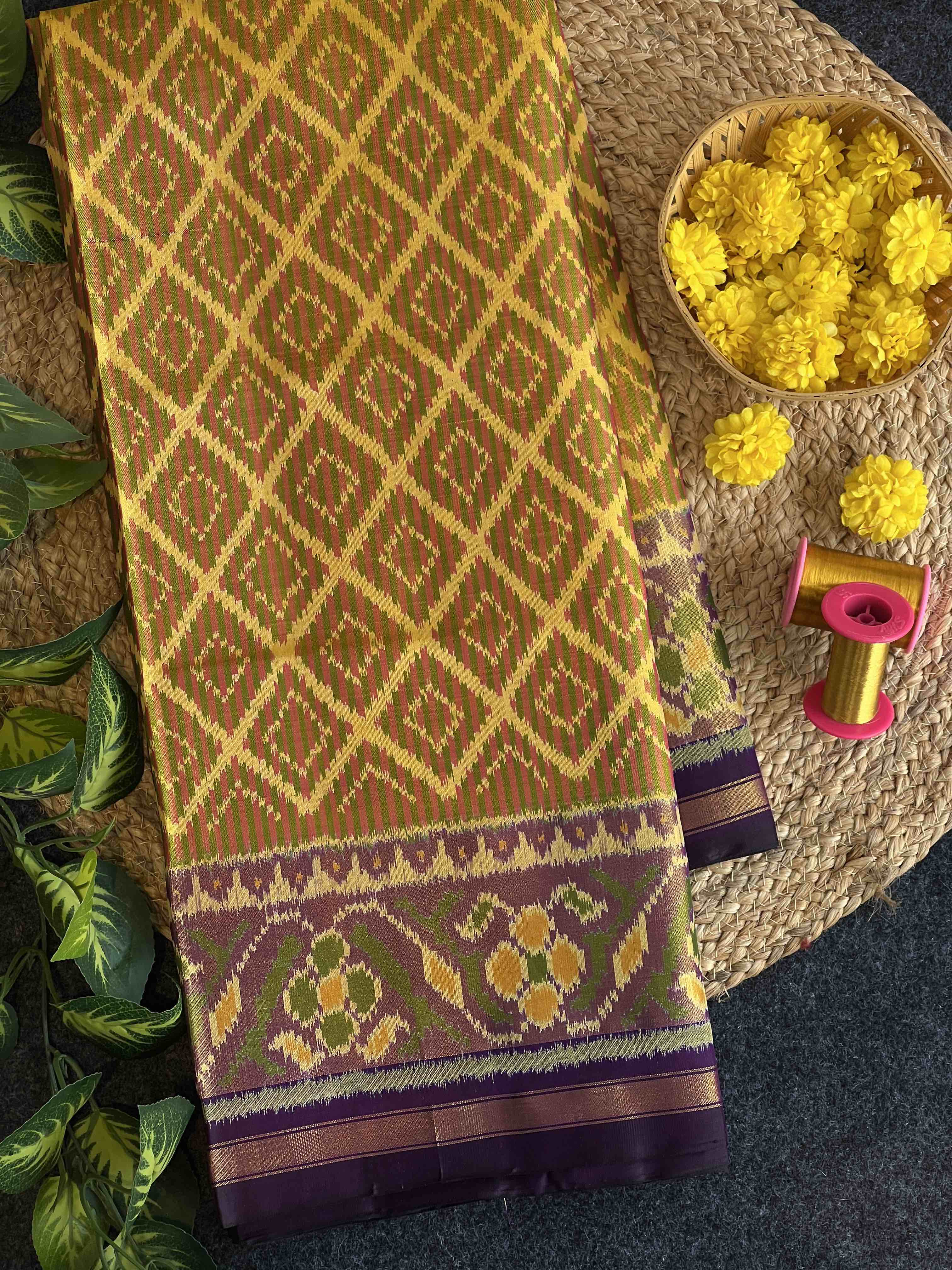 Mustard and Purple Tradition Design Handwoven Patola Silk Saree Main image