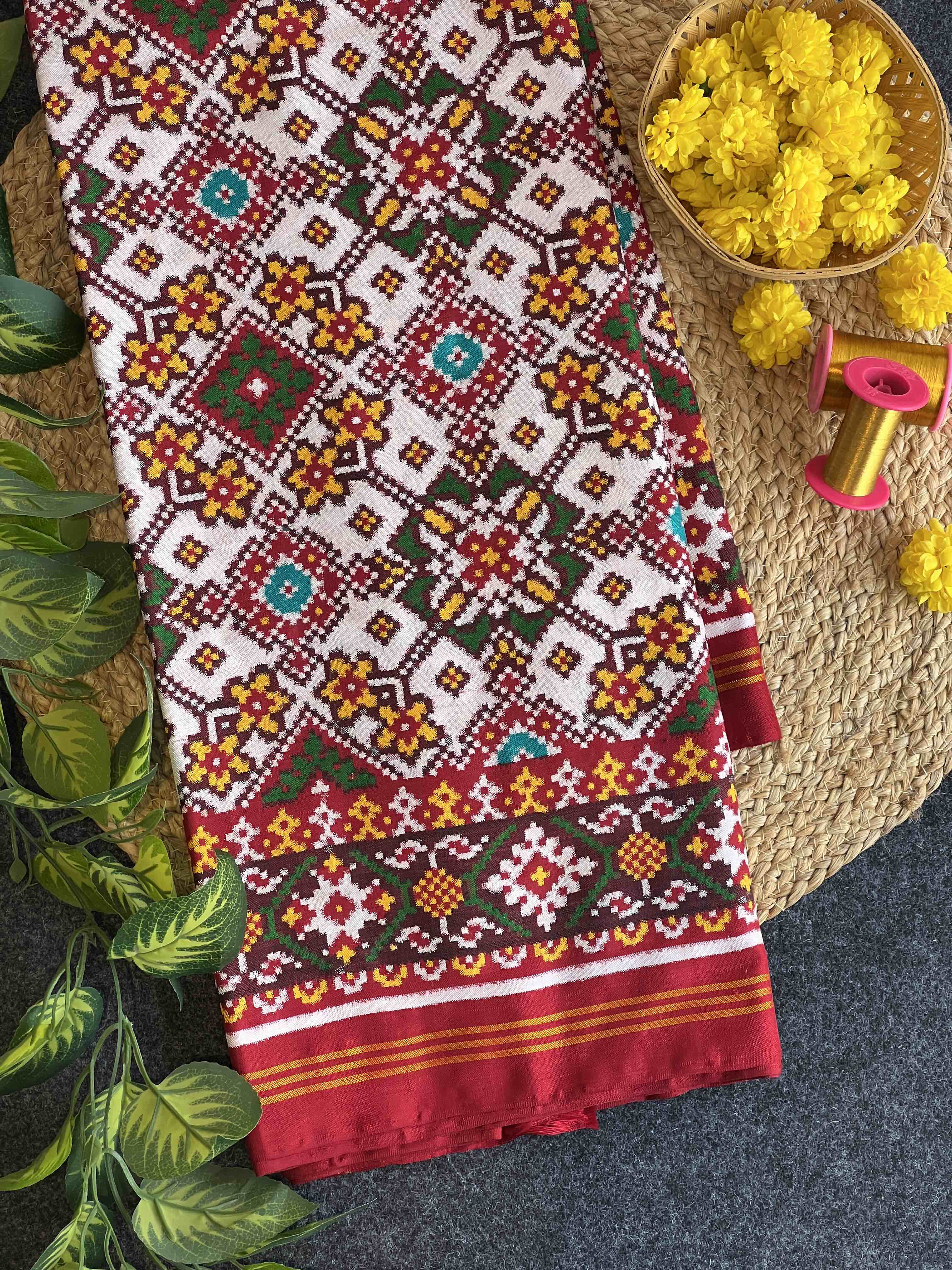 Handwoven Double Ikat Patola Silk Saree White Navratna