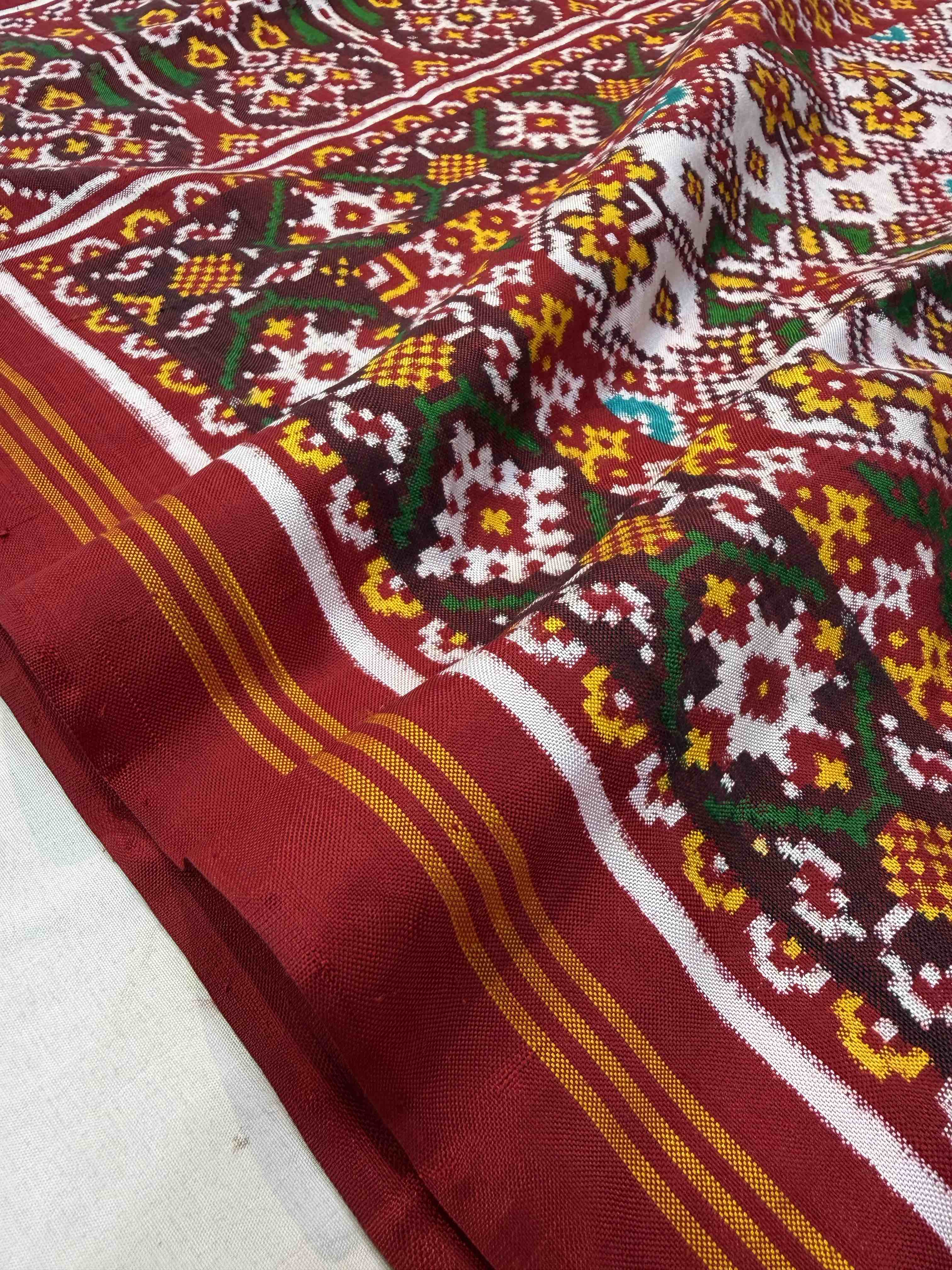 Handwoven Double Ikat Patola Silk Saree White Navratna